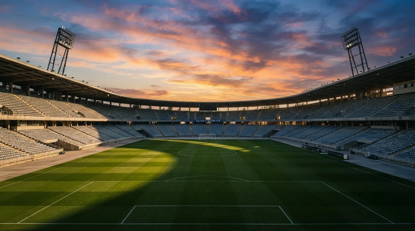 Un estadio de fútbol vacío con torres de iluminación al atardecer