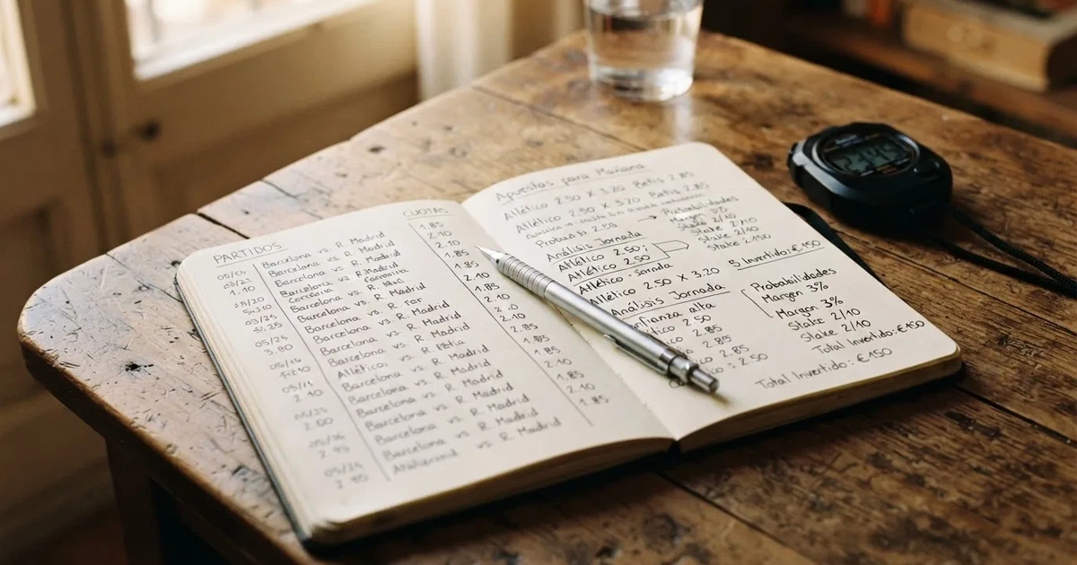 Un cuaderno abierto con un lápiz y un cronómetro sobre una mesa de madera