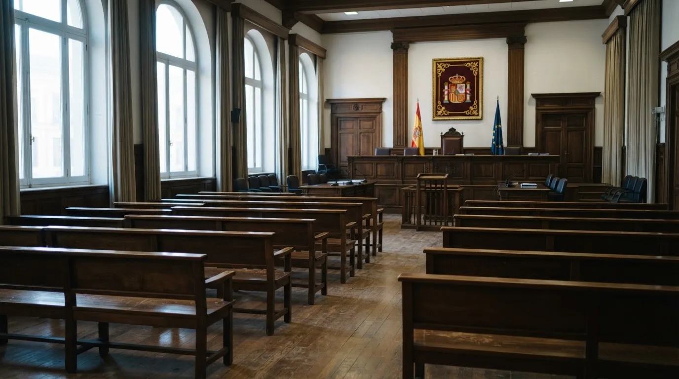 Una sala de tribunal vacía con bancos de madera a la luz de la mañana