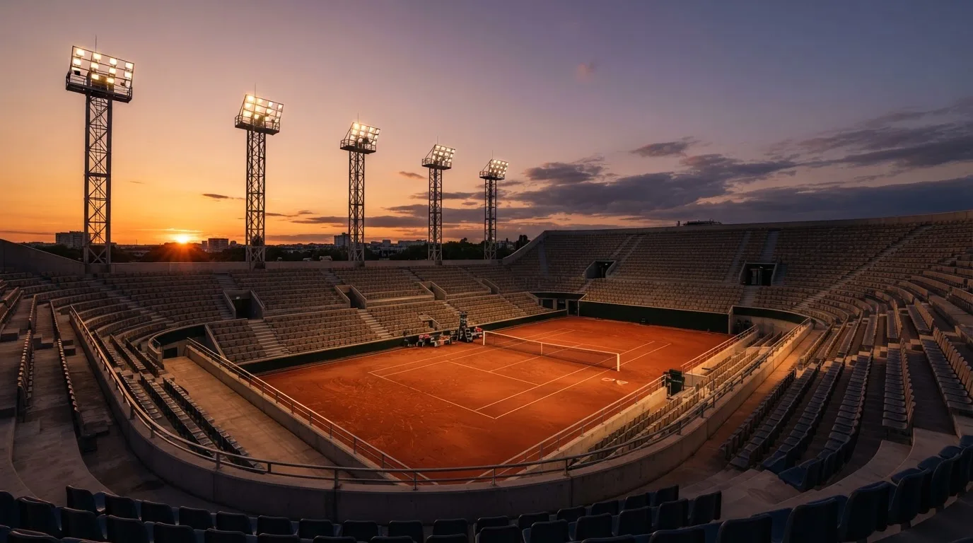 Un estadio de fútbol vacío con torres de iluminación al atardecer