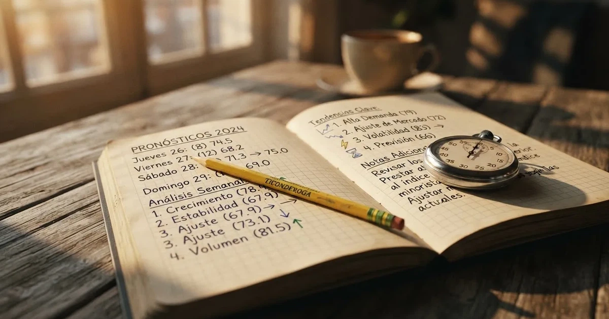 Un cuaderno abierto con un lápiz y un cronómetro sobre una mesa de madera