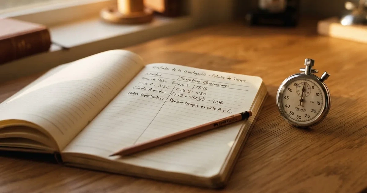 Un cuaderno abierto con un lápiz y un cronómetro sobre una mesa de madera