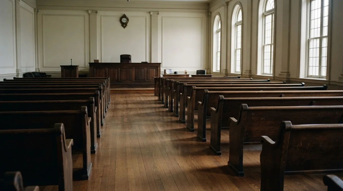 Una sala de tribunal vacía con bancos de madera a la luz de la mañana