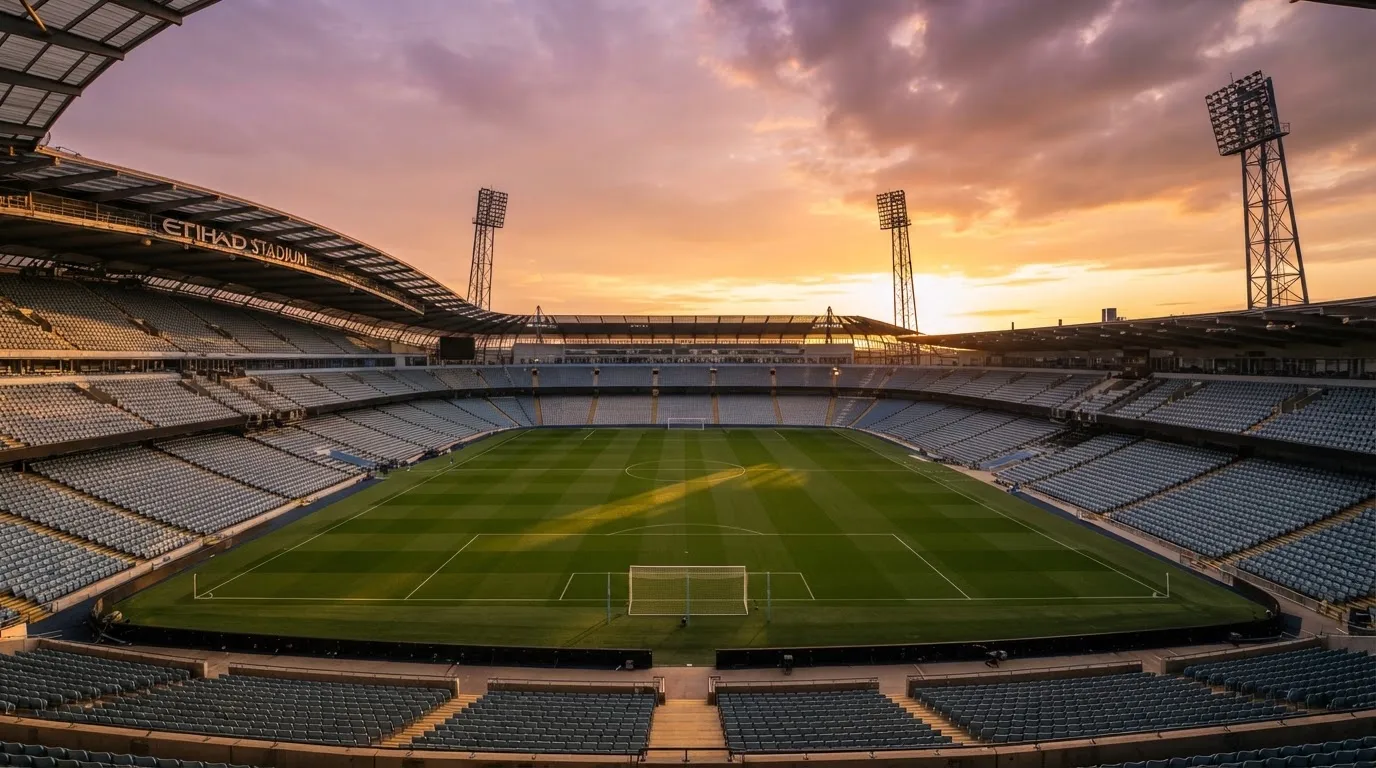 Un estadio de fútbol vacío con torres de iluminación al atardecer