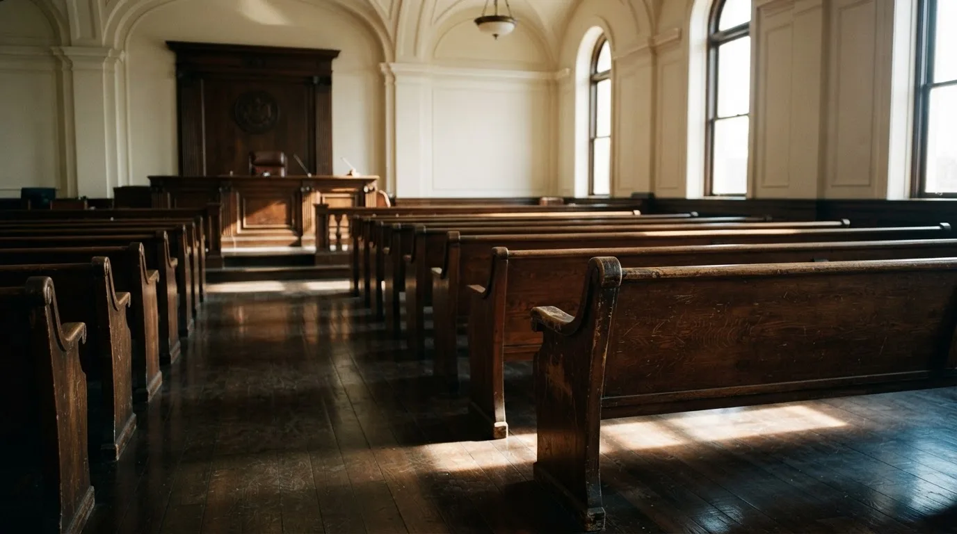 Una sala de tribunal vacía con bancos de madera a la luz de la mañana