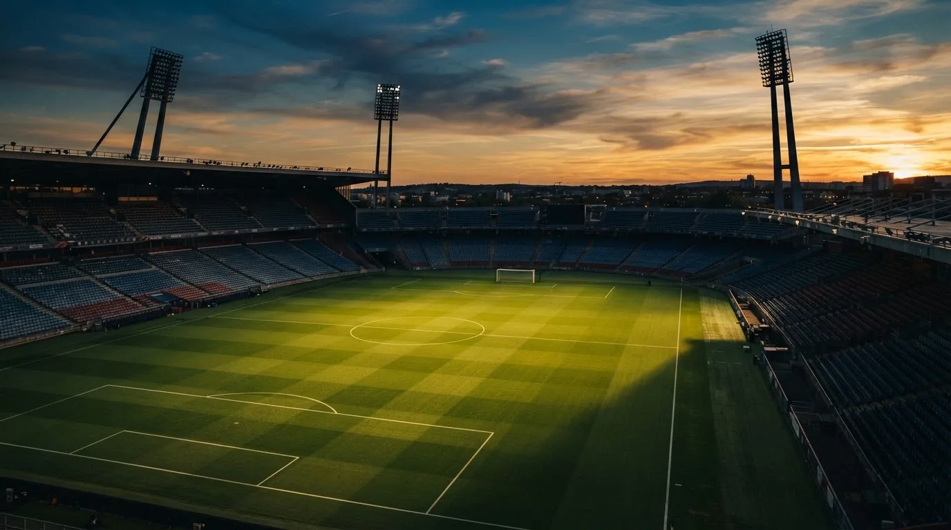 Un estadio de fútbol vacío con torres de iluminación al atardecer