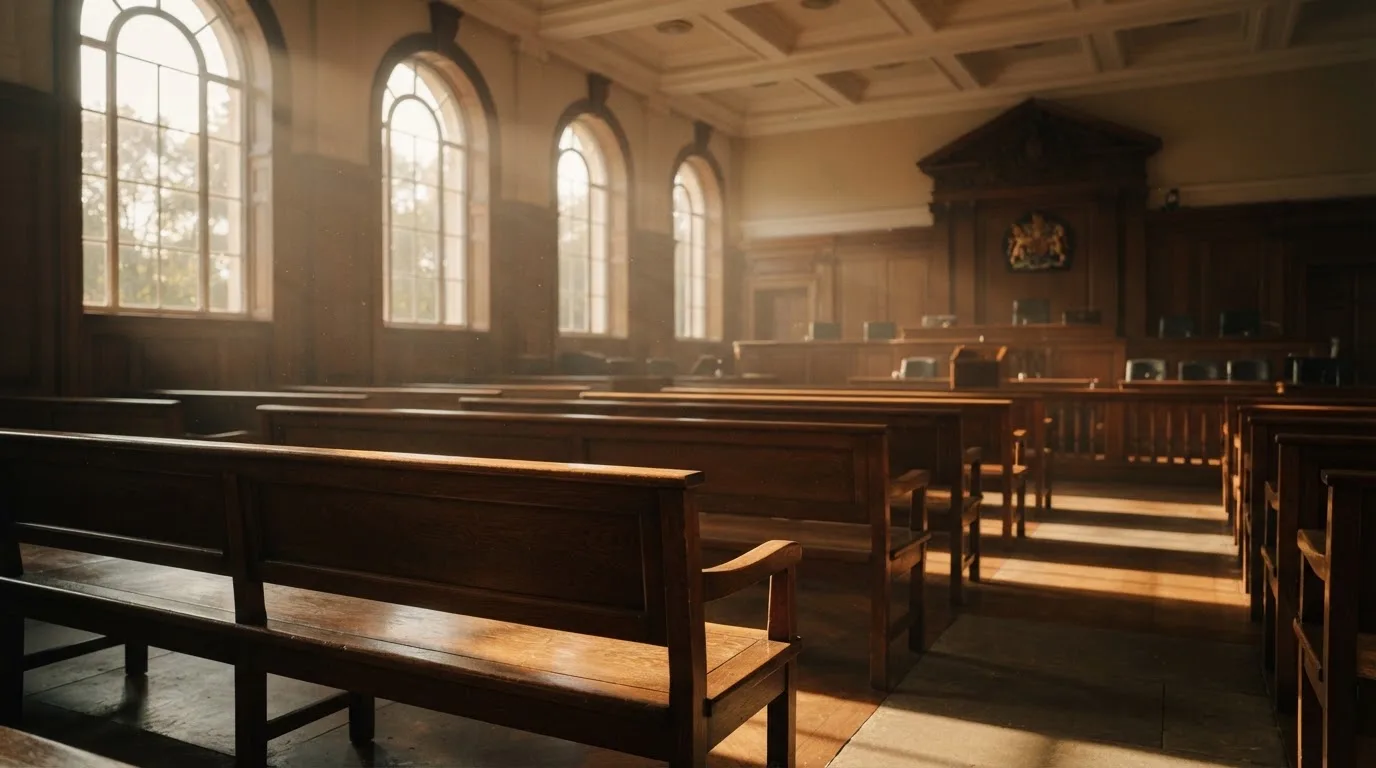 Una sala de tribunal vacía con bancos de madera a la luz de la mañana