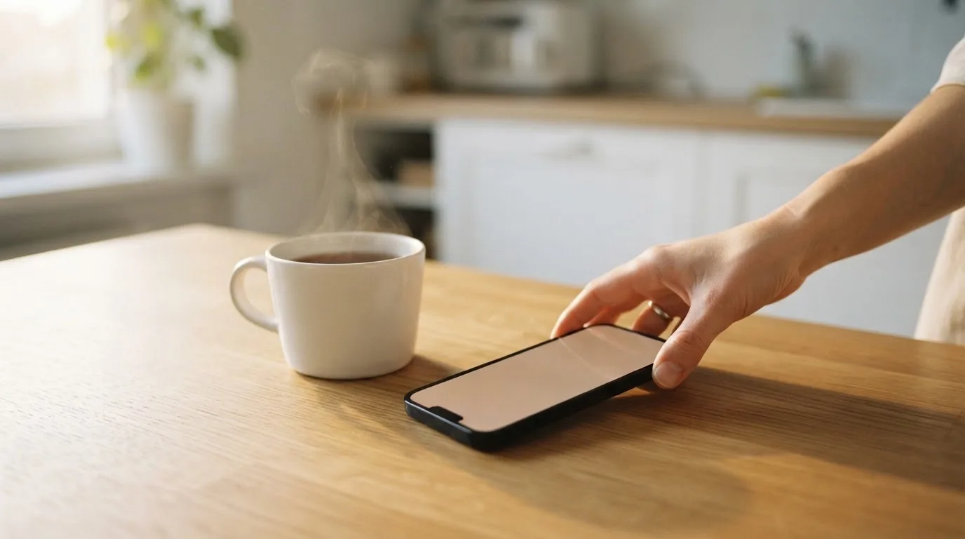 Una mano deja un móvil junto a una taza de té sobre la mesa de la cocina, una tarde tranquila