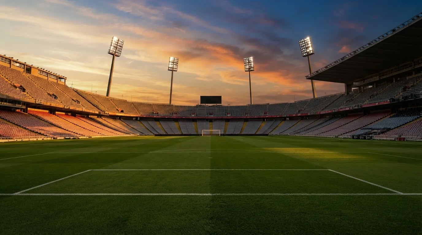 Un estadio de fútbol vacío con torres de iluminación al atardecer