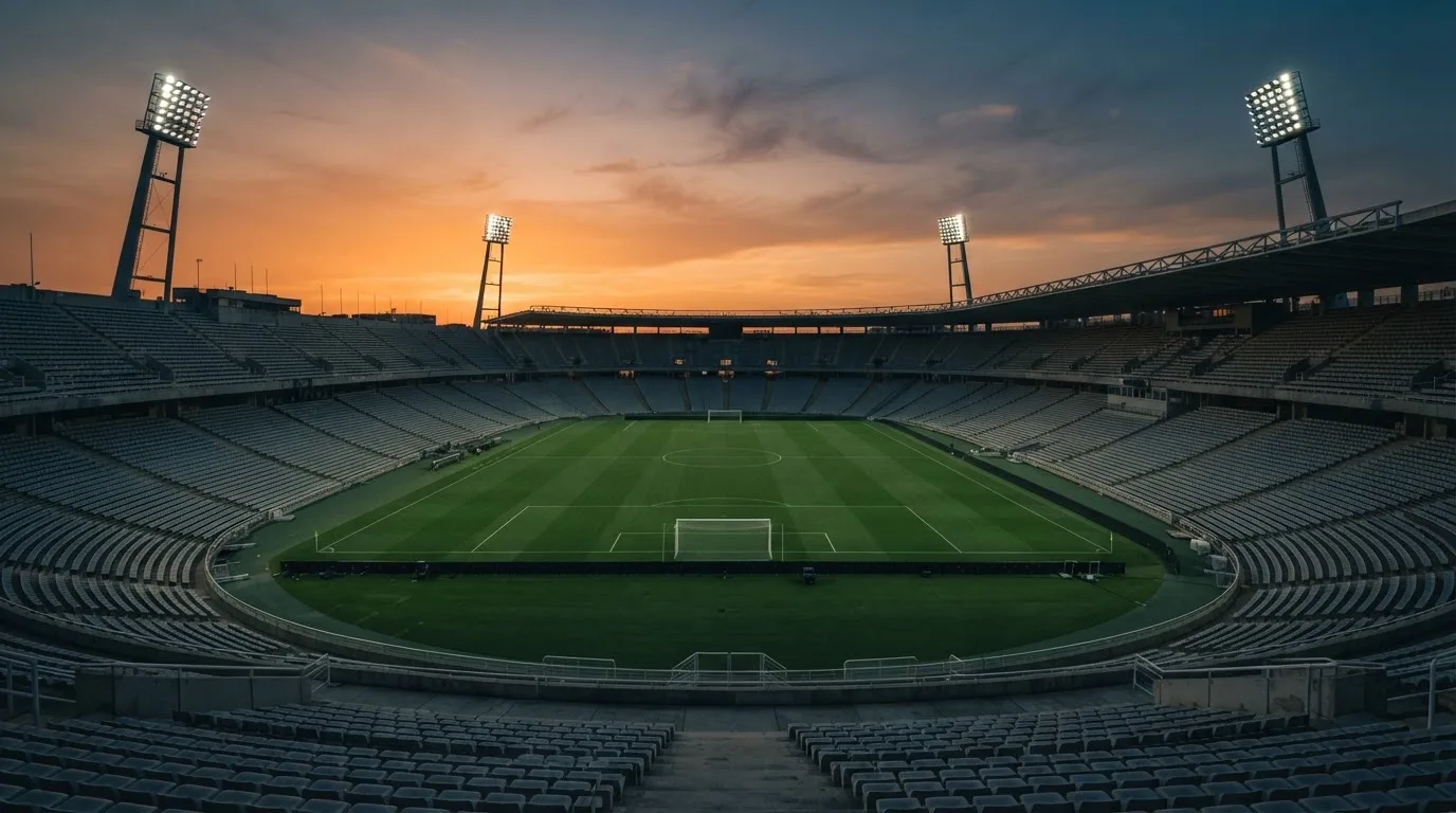 Un estadio de fútbol vacío con torres de iluminación al atardecer