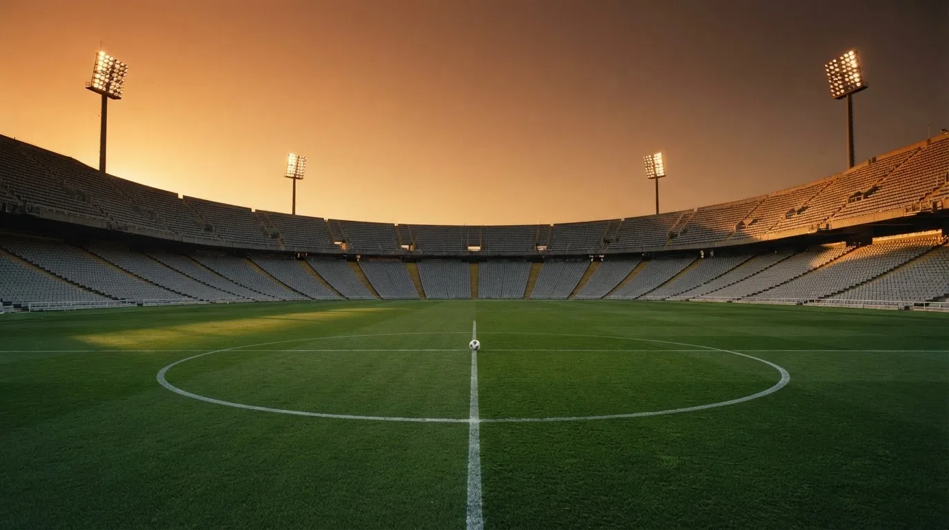 Un estadio de fútbol vacío con torres de iluminación al atardecer