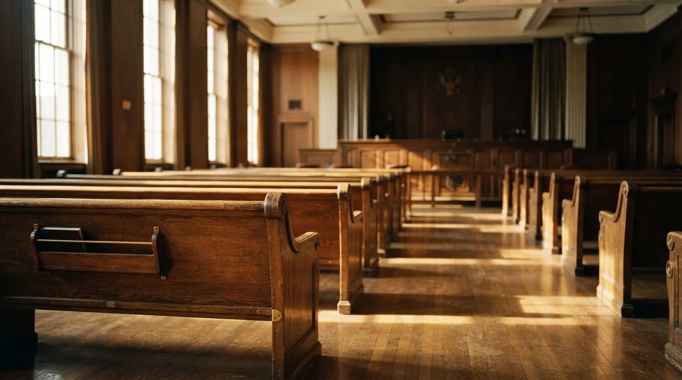 Una sala de tribunal vacía con bancos de madera a la luz de la mañana