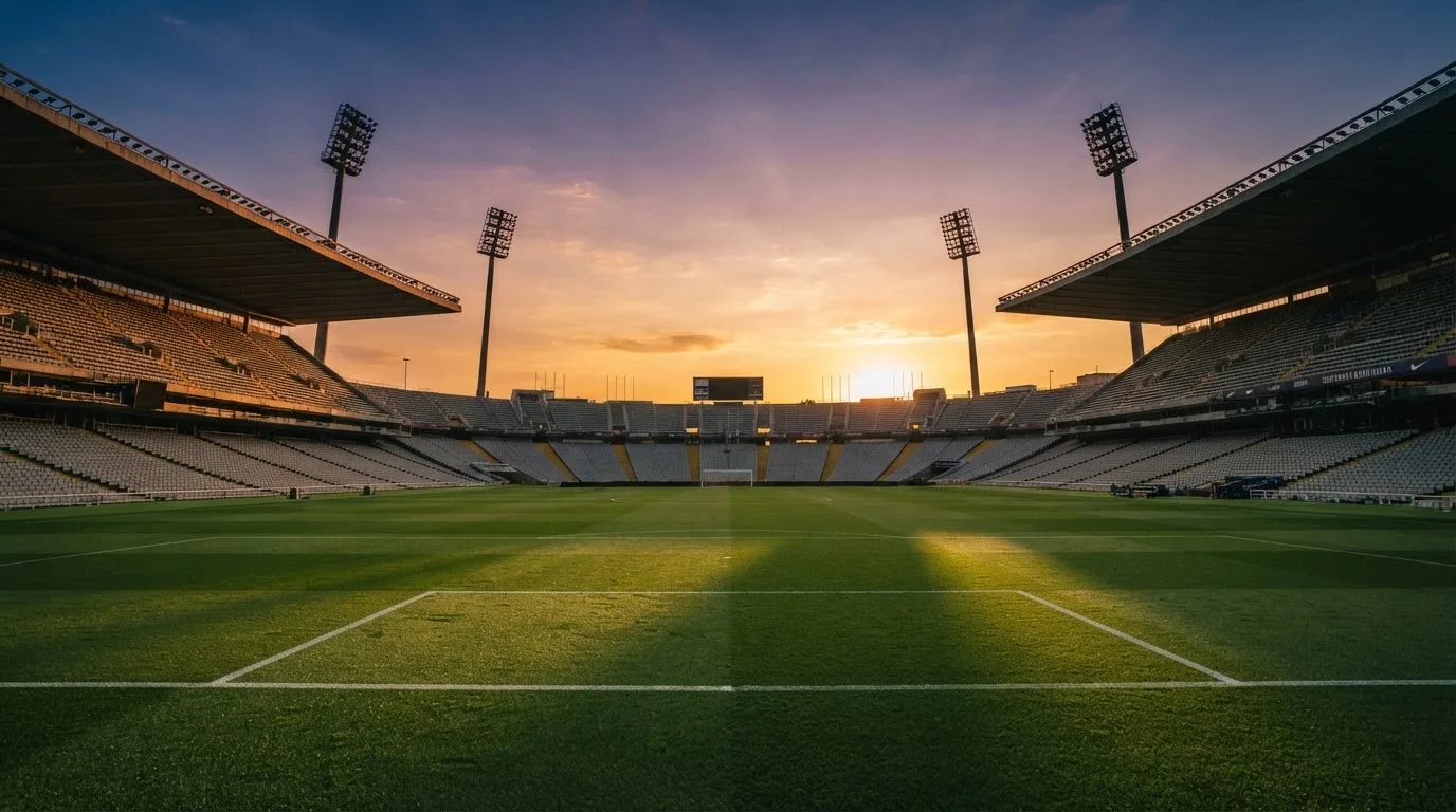 Un estadio de fútbol vacío con torres de iluminación al atardecer