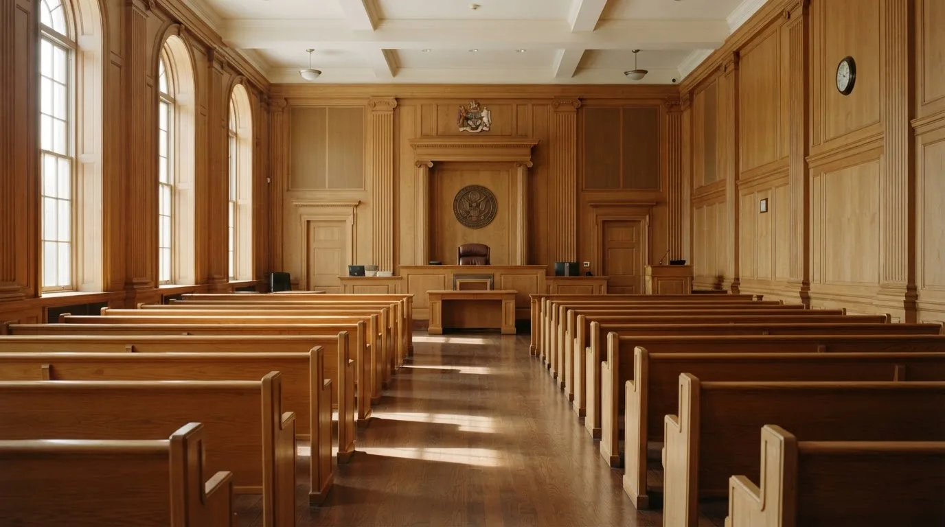 Una sala de tribunal vacía con bancos de madera a la luz de la mañana