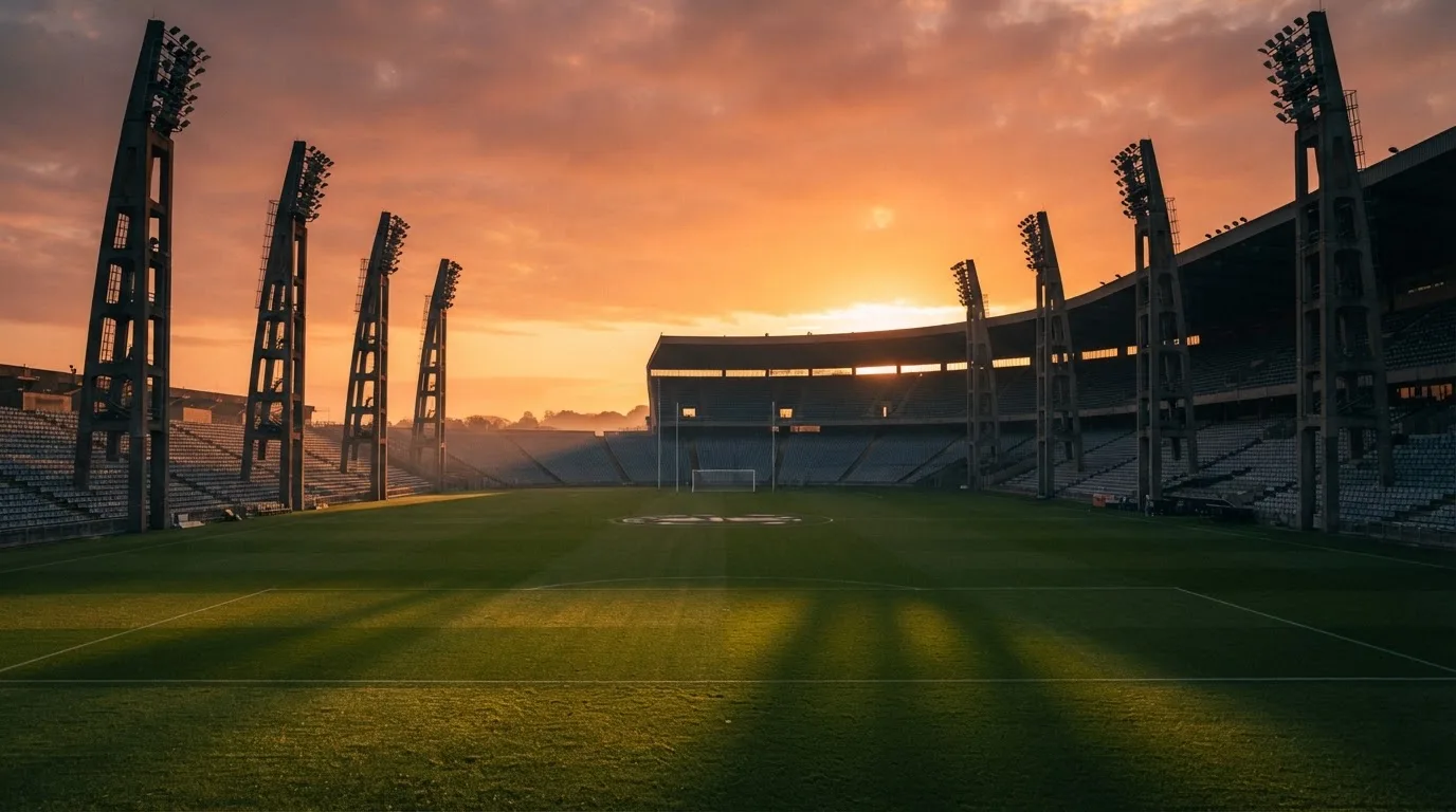 Un estadio de fútbol vacío con torres de iluminación al atardecer
