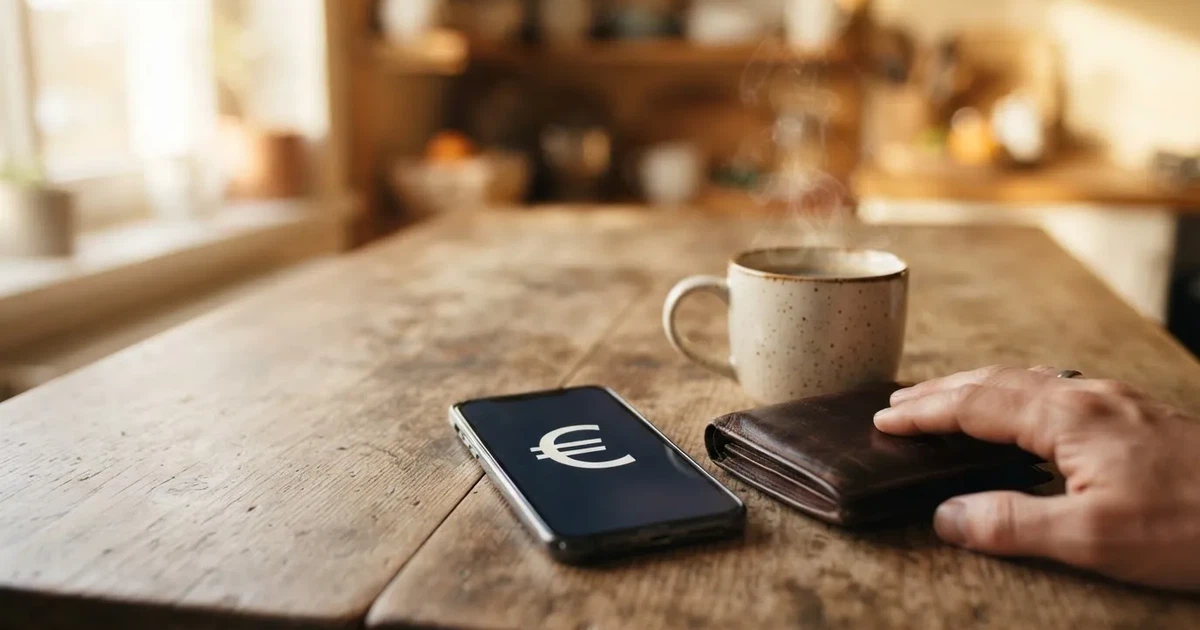Un móvil sobre una mesa de madera junto a una cartera y una taza de café
