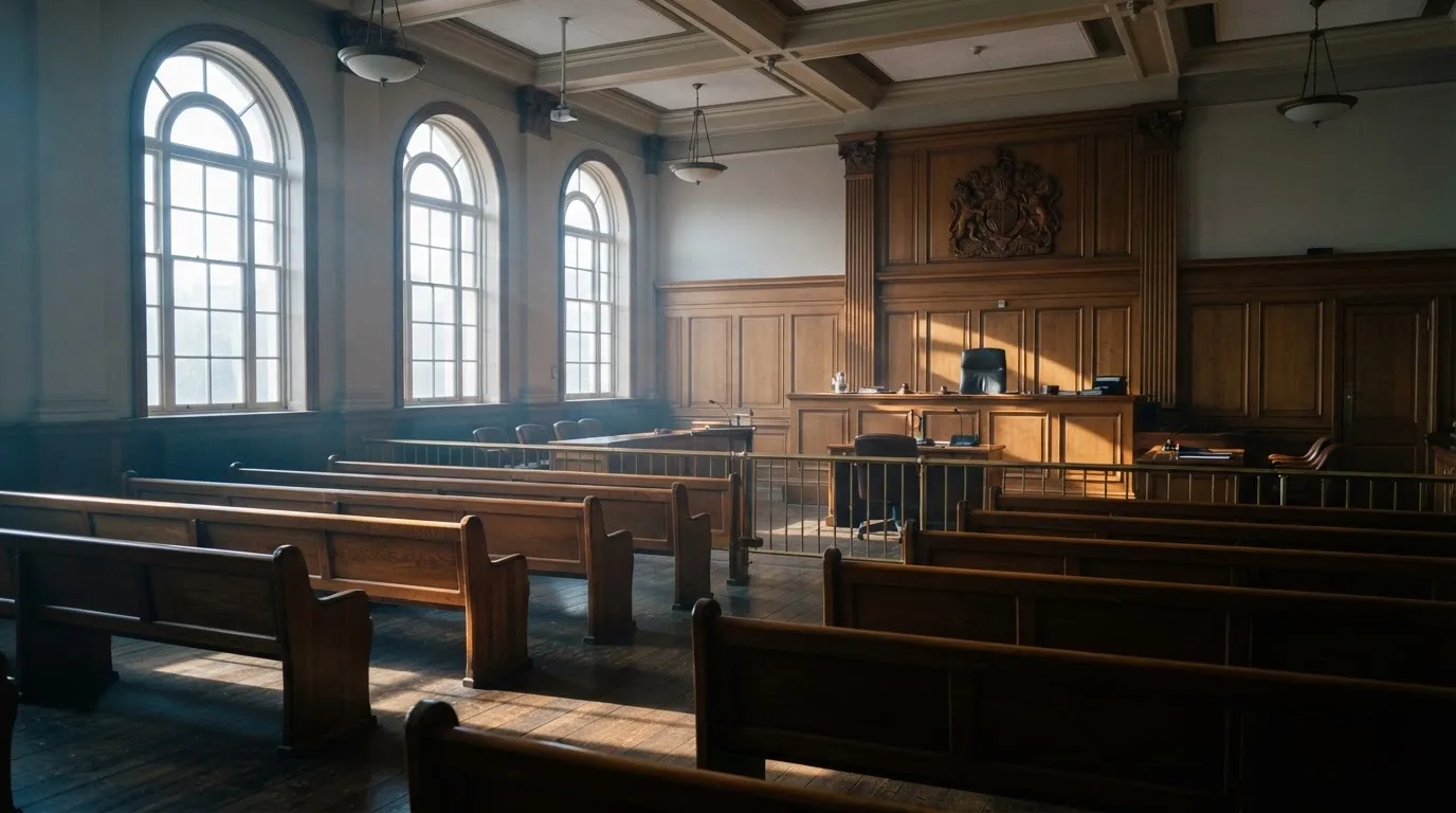 Una sala de tribunal vacía con bancos de madera a la luz de la mañana