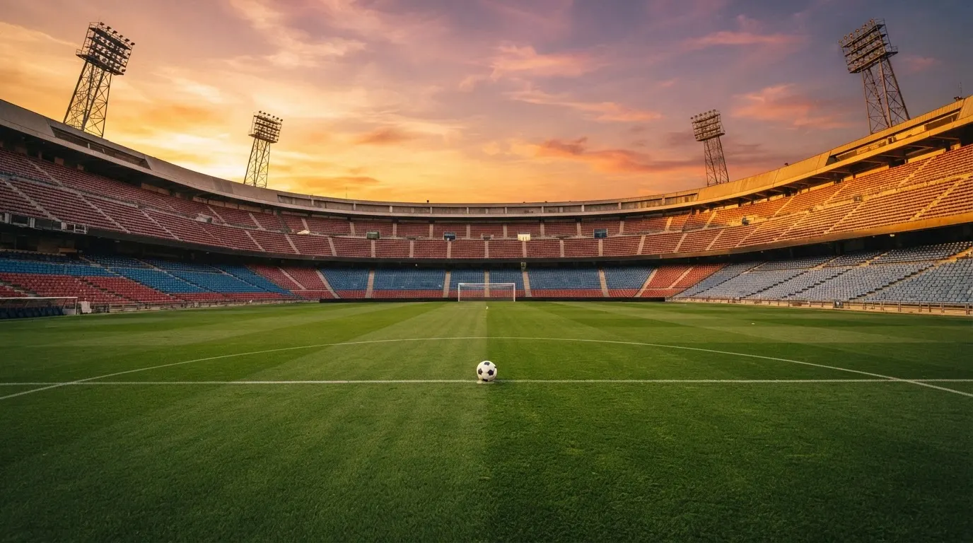 Un estadio de fútbol vacío con torres de iluminación al atardecer