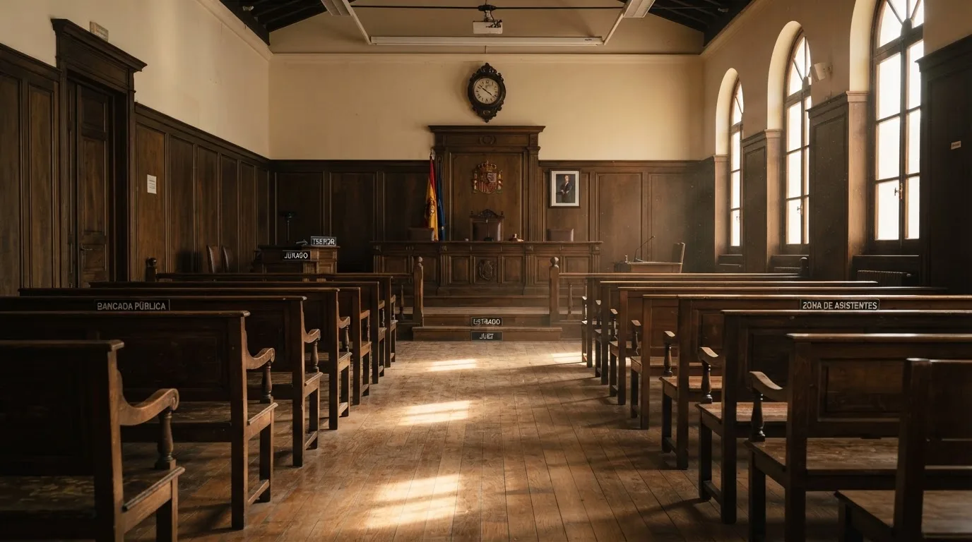 Una sala de tribunal vacía con bancos de madera a la luz de la mañana