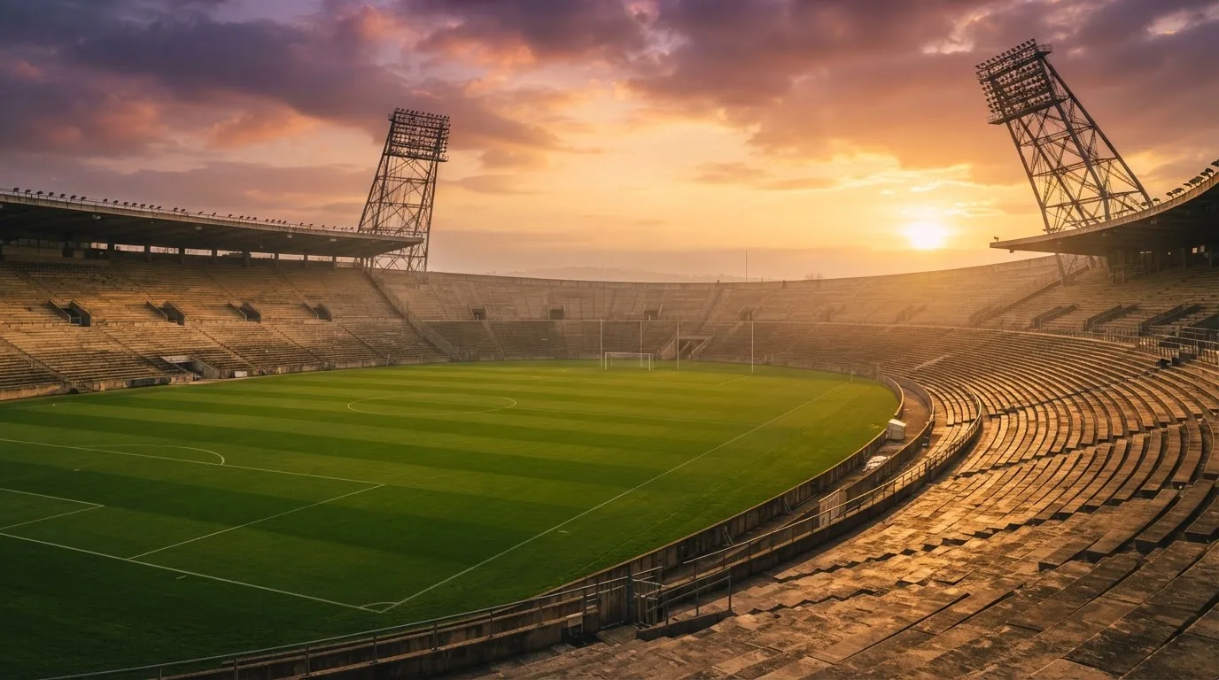 Un estadio de fútbol vacío con torres de iluminación al atardecer