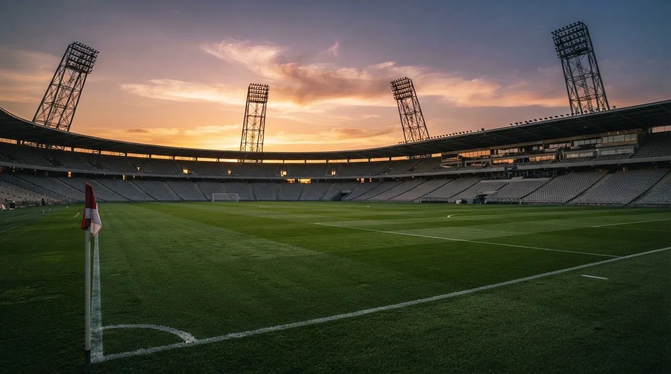Un estadio de fútbol vacío con torres de iluminación al atardecer