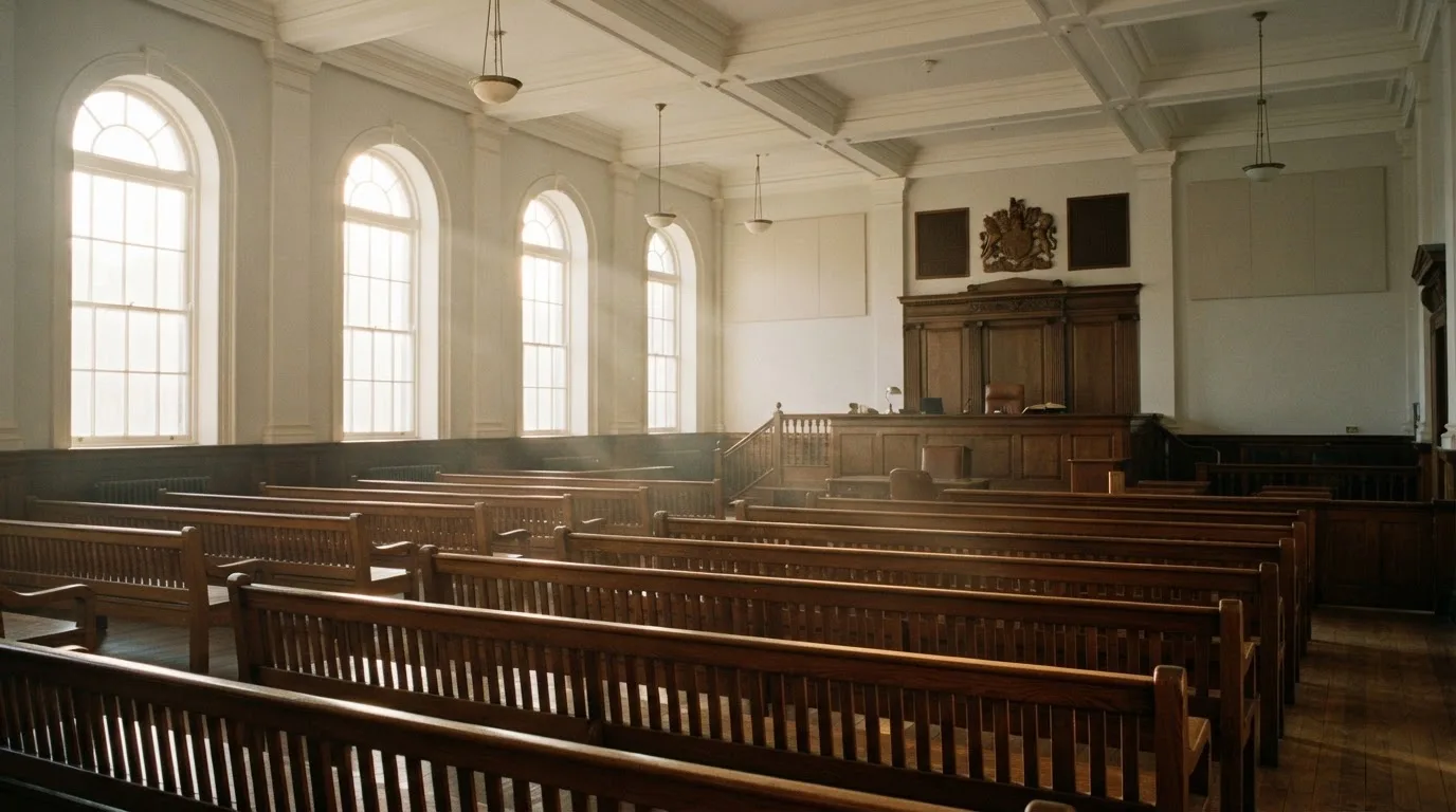 Una sala de tribunal vacía con bancos de madera a la luz de la mañana