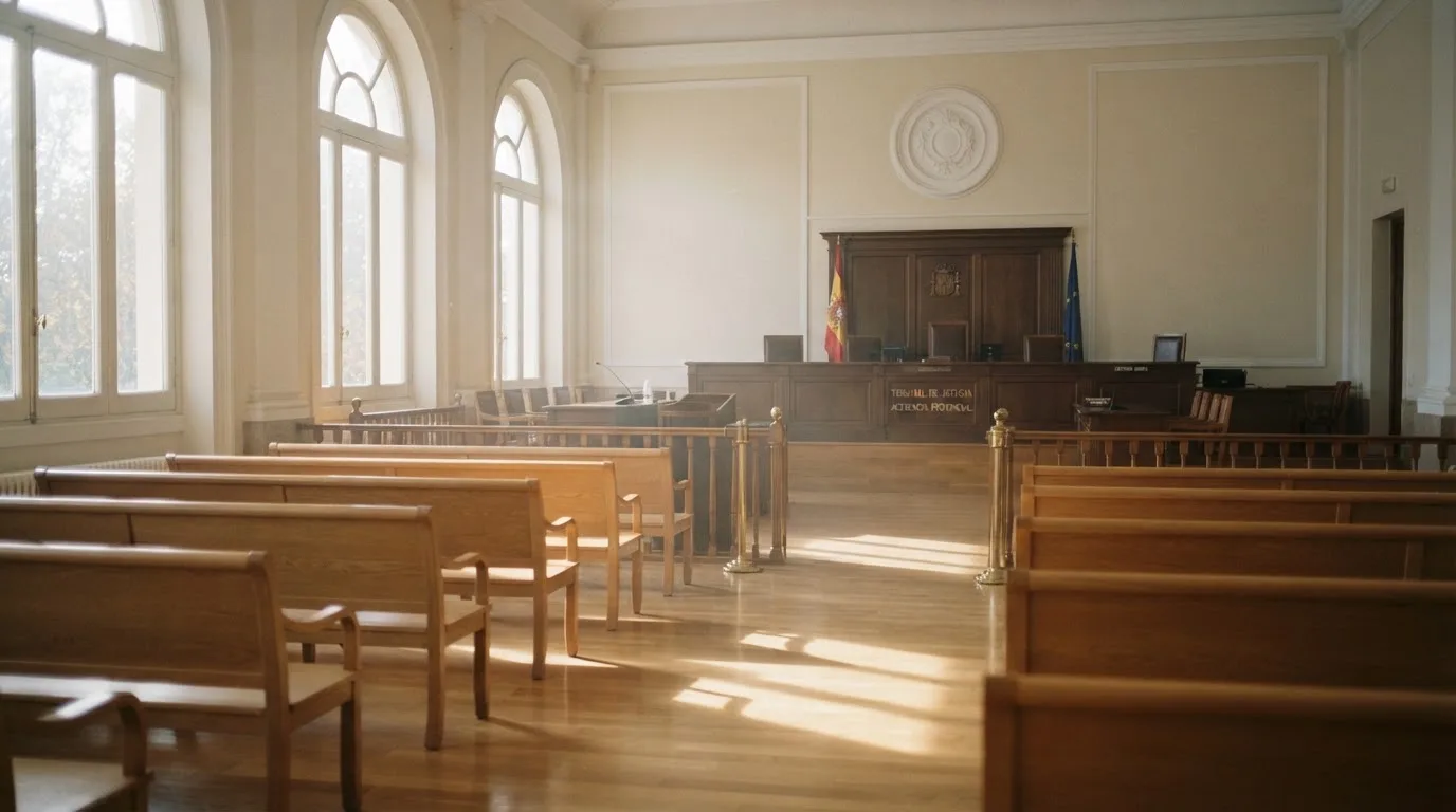 Una sala de tribunal vacía con bancos de madera a la luz de la mañana