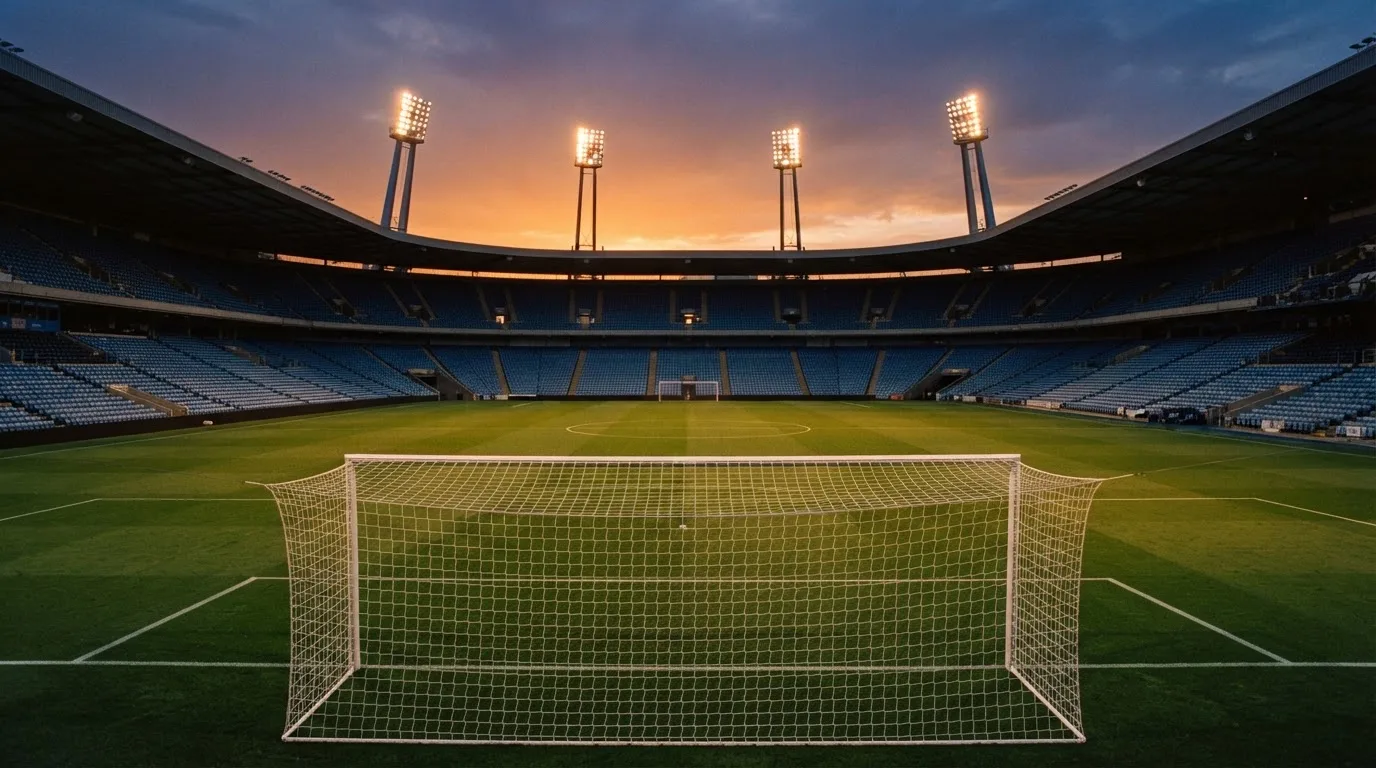 Un estadio de fútbol vacío con torres de iluminación al atardecer