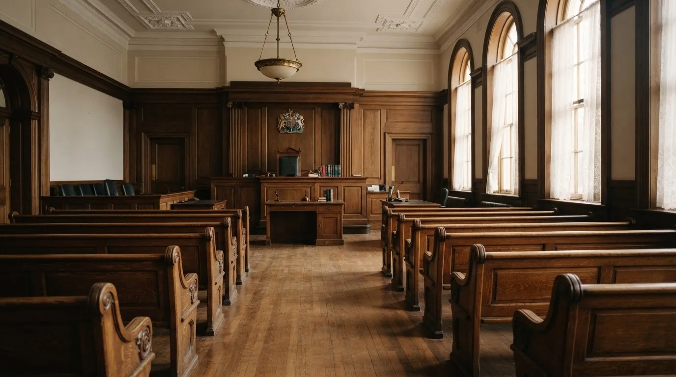 Una sala de tribunal vacía con bancos de madera a la luz de la mañana