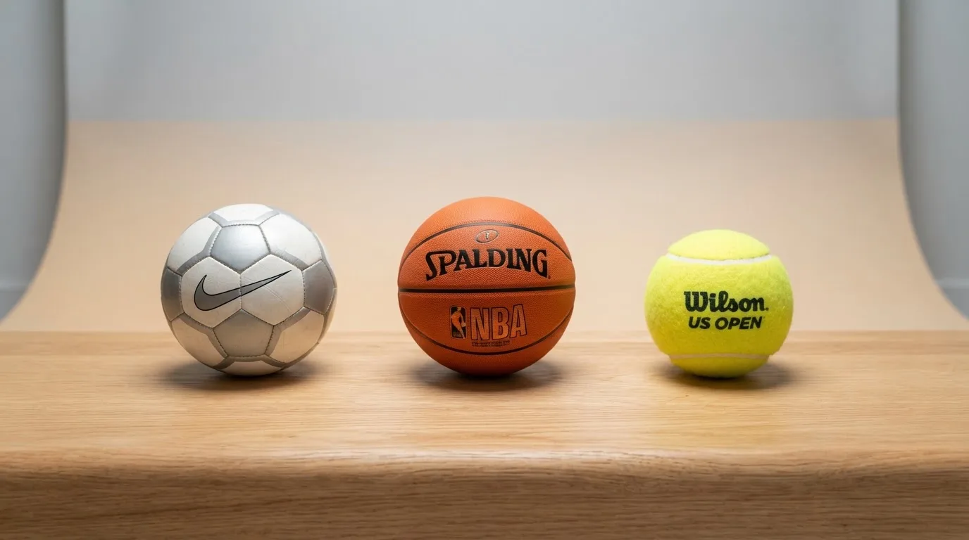 Tres balones de distintos tipos, uno junto a otro, sobre un banco de madera