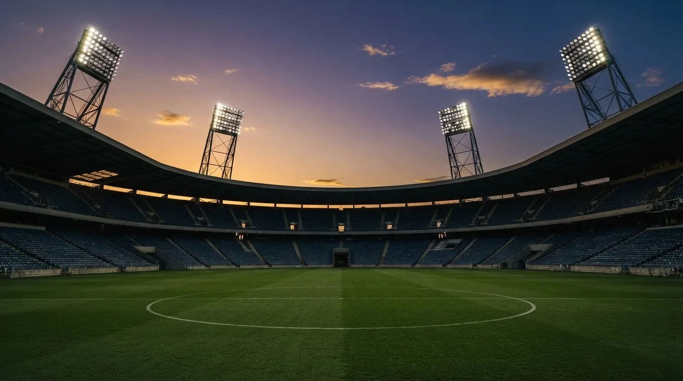 Un estadio de fútbol vacío con torres de iluminación al atardecer