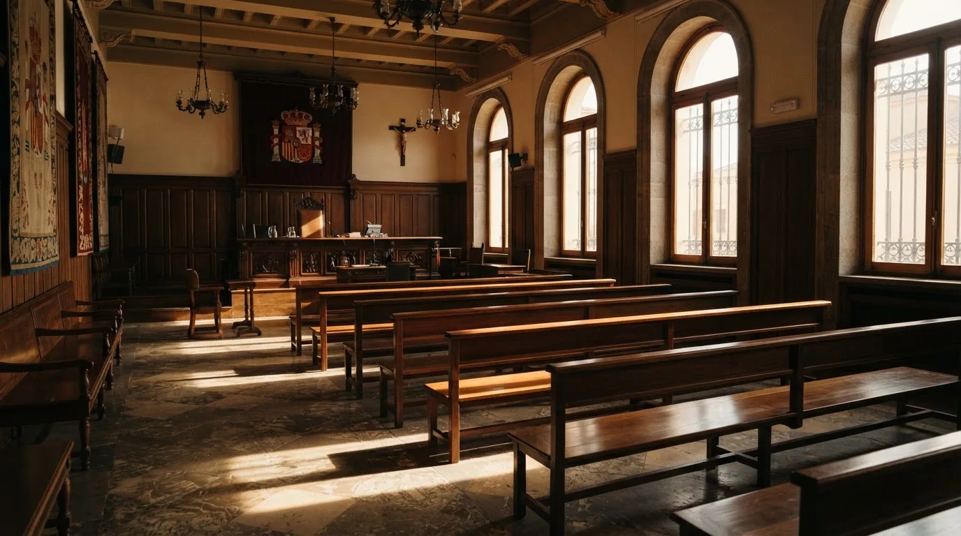 Una sala de tribunal vacía con bancos de madera a la luz de la mañana