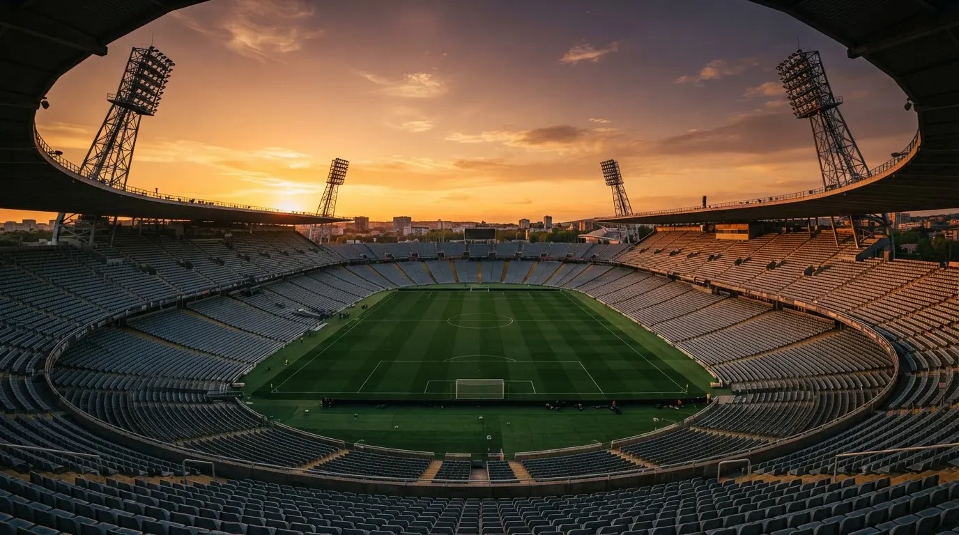 Un estadio de fútbol vacío con torres de iluminación al atardecer