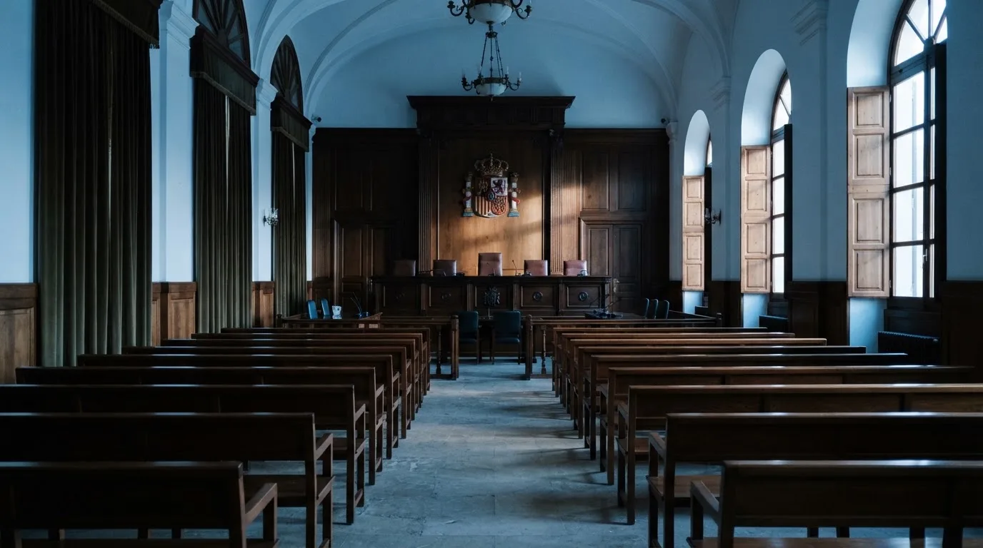 Una sala de tribunal vacía con bancos de madera a la luz de la mañana