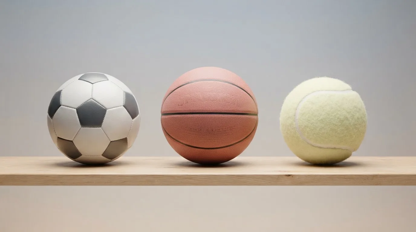 Tres balones de distintos tipos, uno junto a otro, sobre un banco de madera