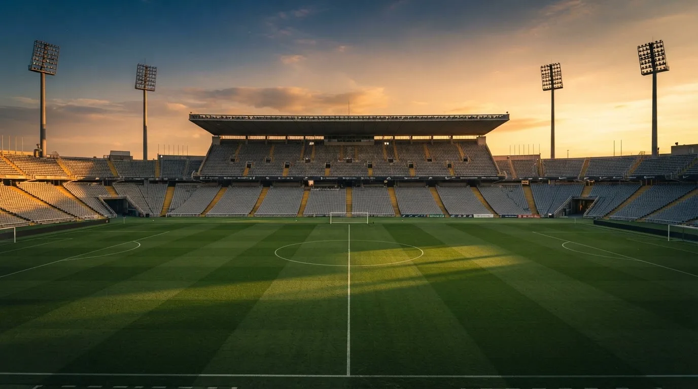 Un estadio de fútbol vacío con torres de iluminación al atardecer