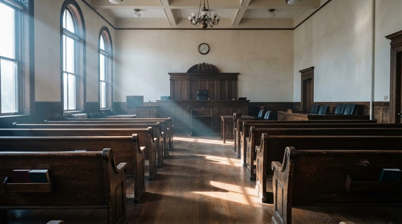 Una sala de tribunal vacía con bancos de madera a la luz de la mañana