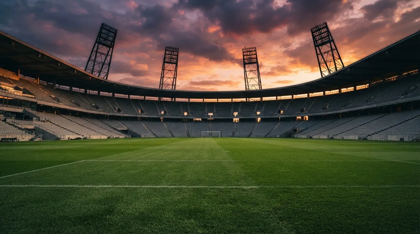 Un estadio de fútbol vacío con torres de iluminación al atardecer