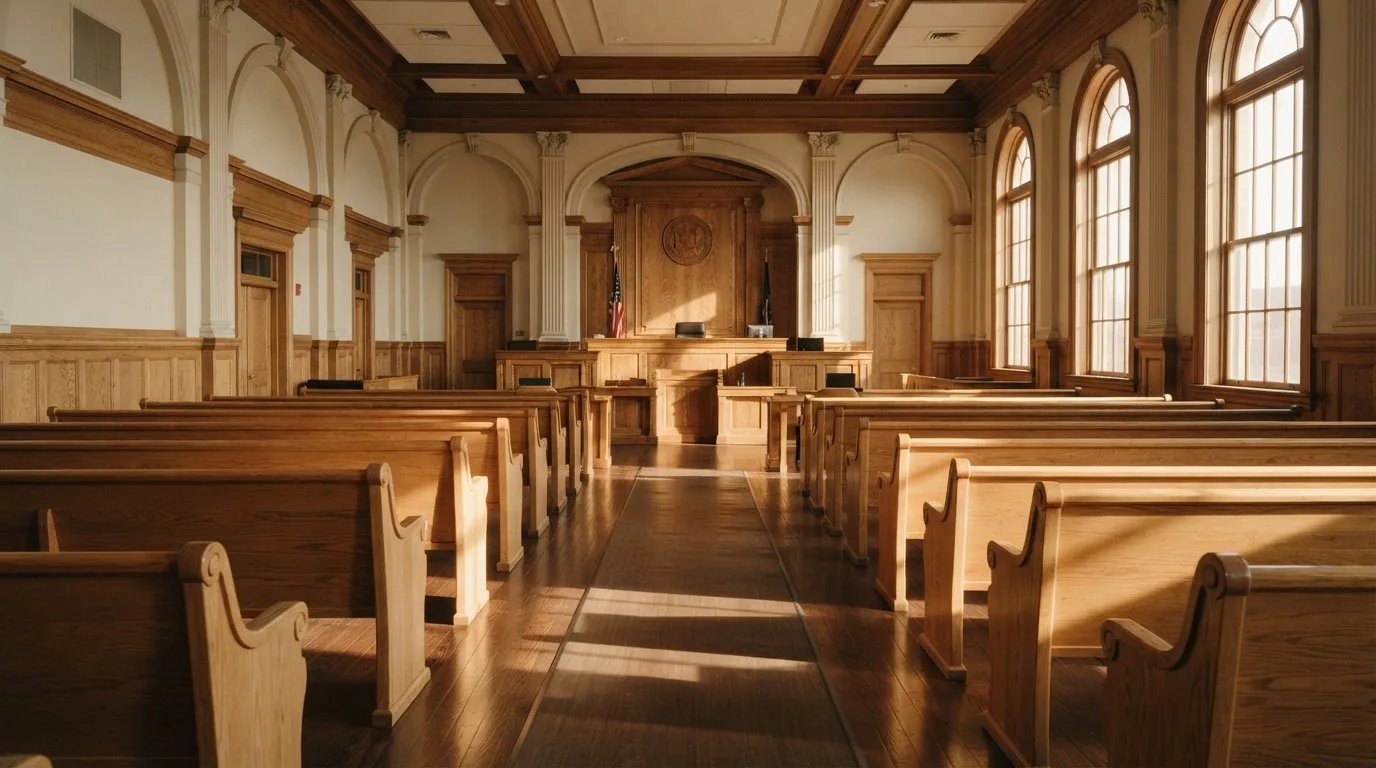 Una sala de tribunal vacía con bancos de madera a la luz de la mañana