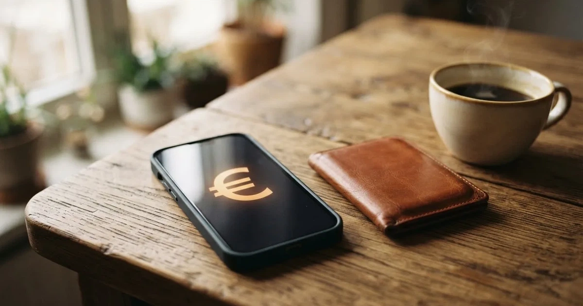 Un móvil sobre una mesa de madera junto a una cartera y una taza de café