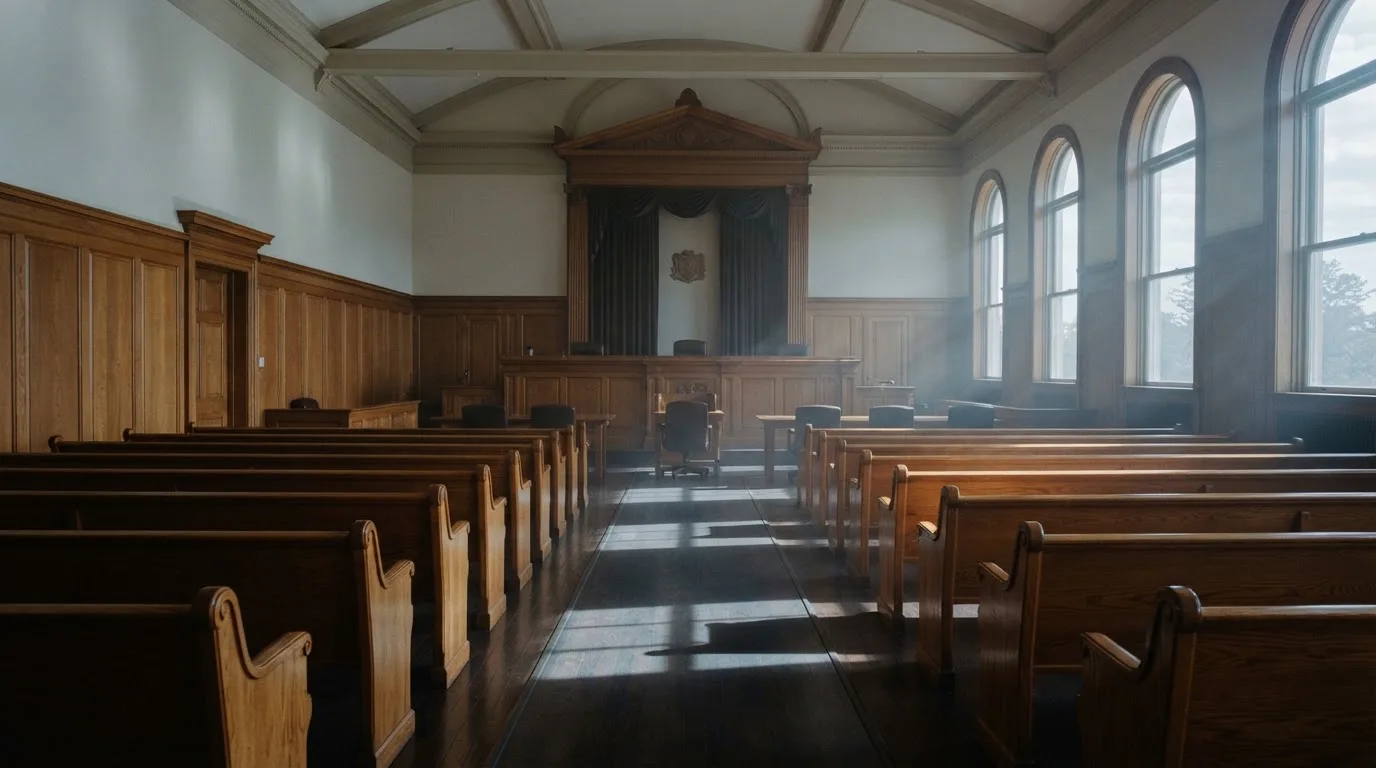 Una sala de tribunal vacía con bancos de madera a la luz de la mañana