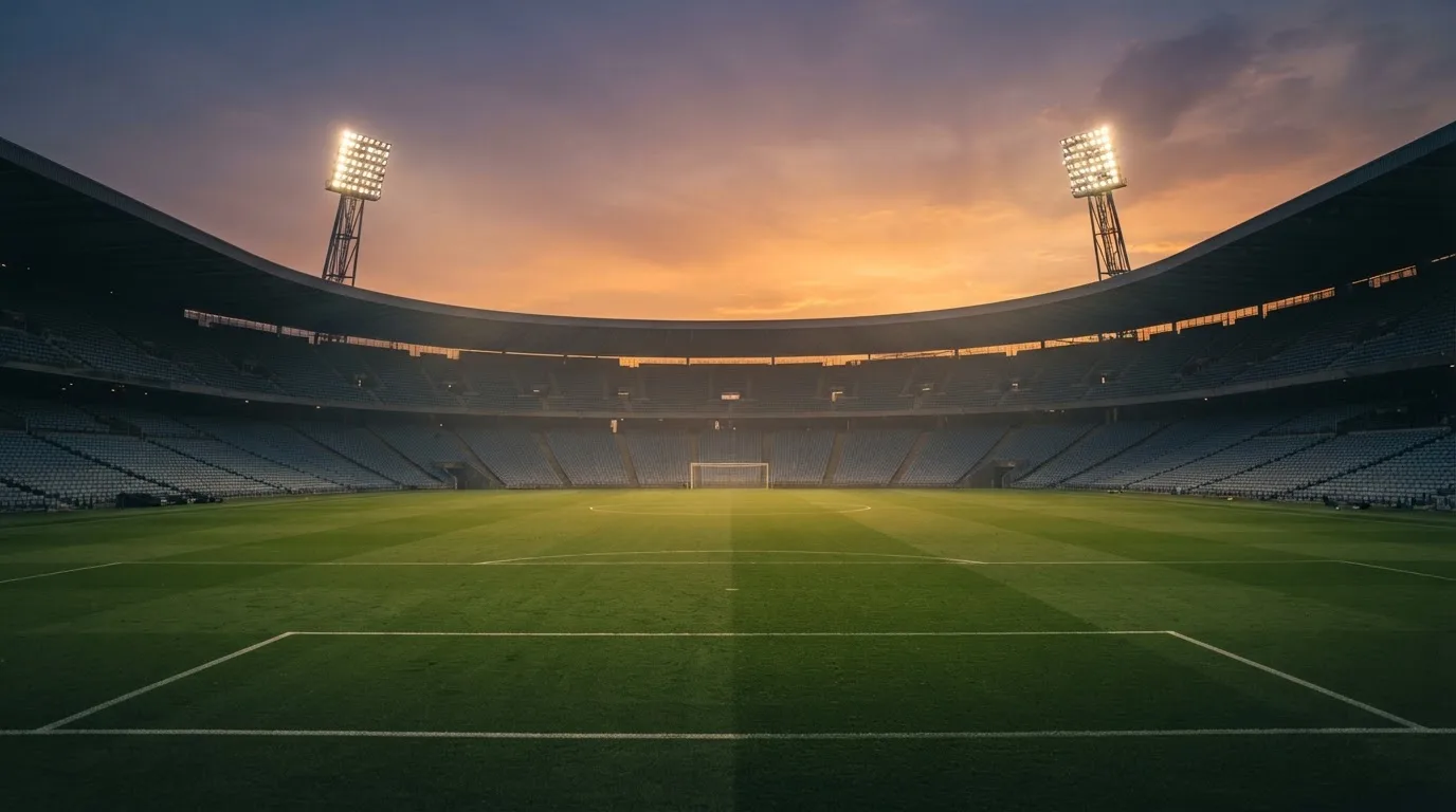 Un estadio de fútbol vacío con torres de iluminación al atardecer