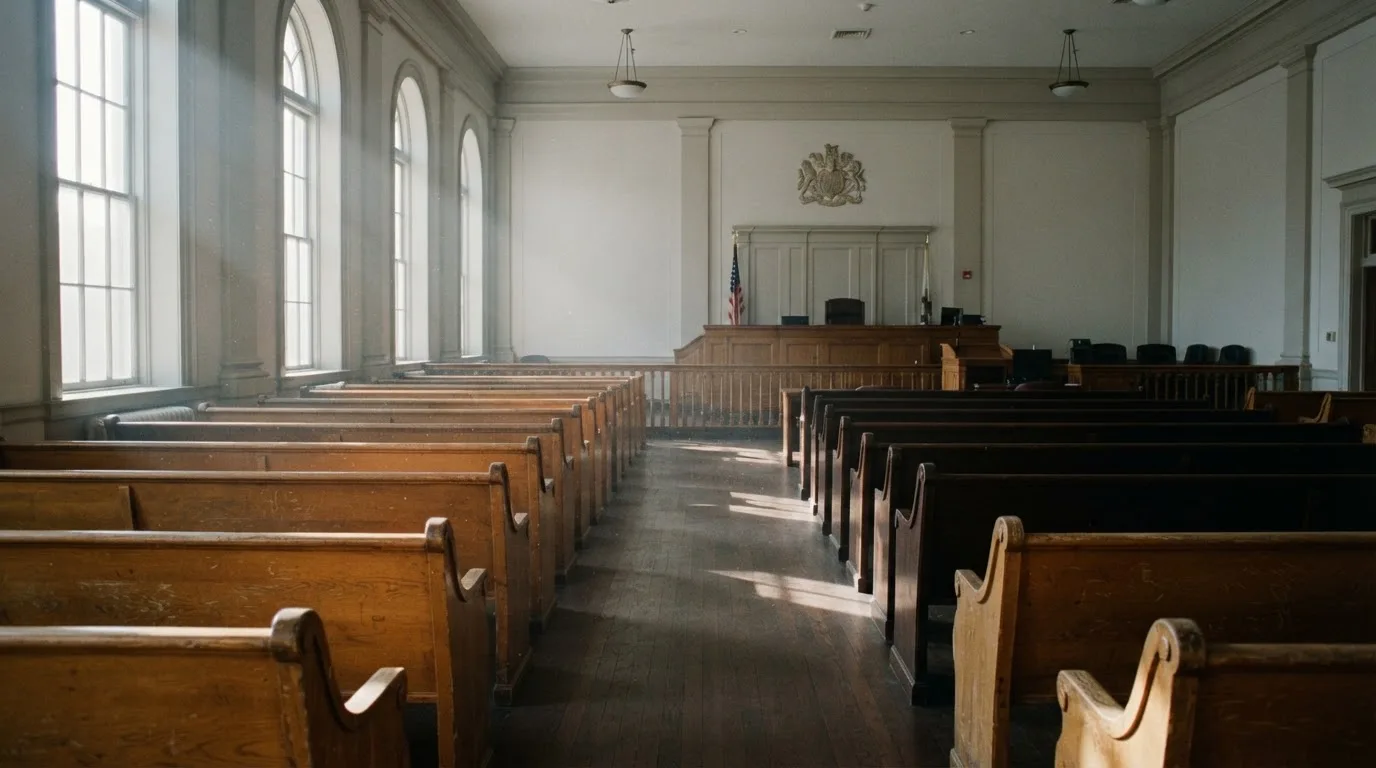 Una sala de tribunal vacía con bancos de madera a la luz de la mañana
