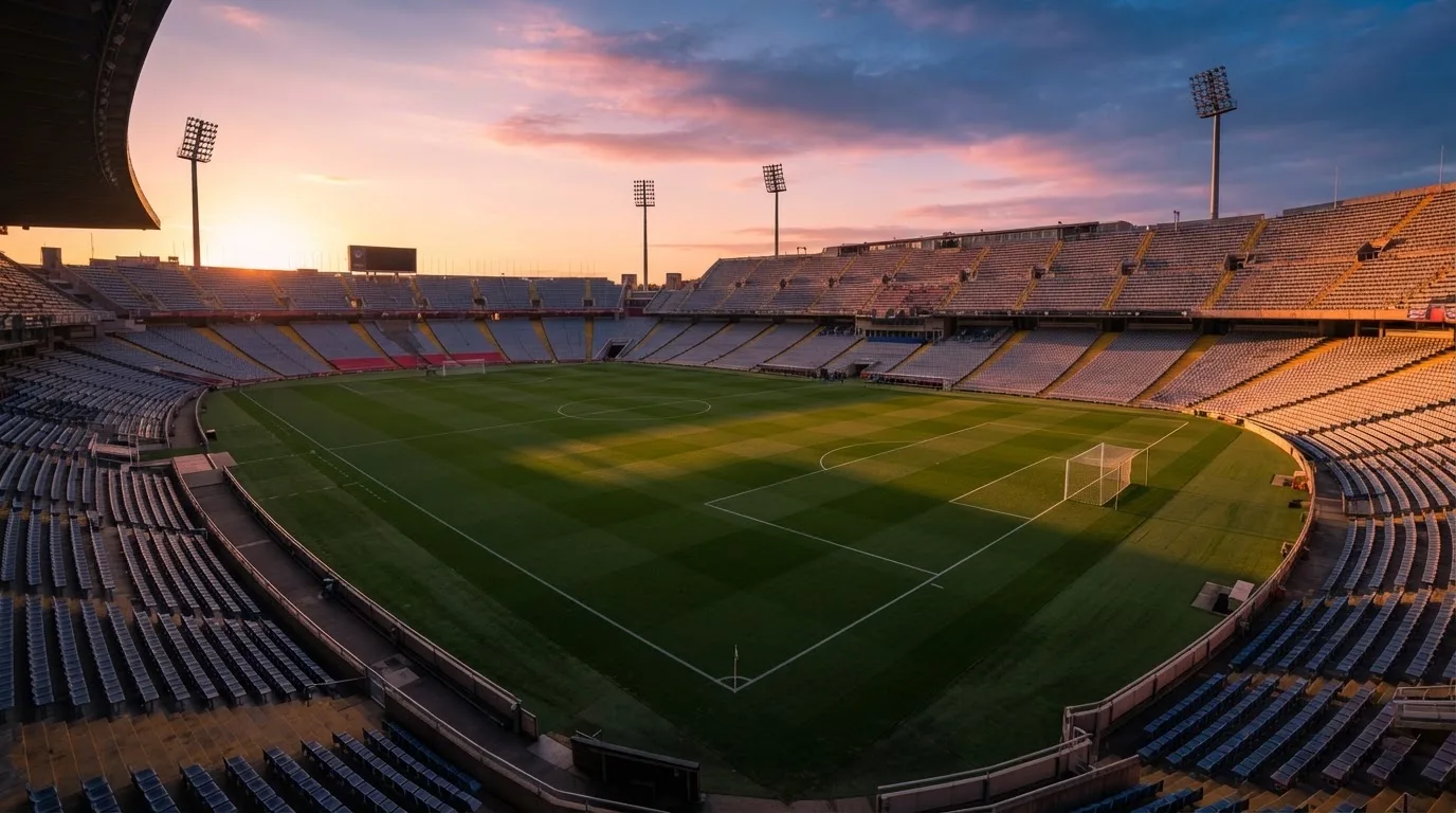 Un estadio de fútbol vacío con torres de iluminación al atardecer