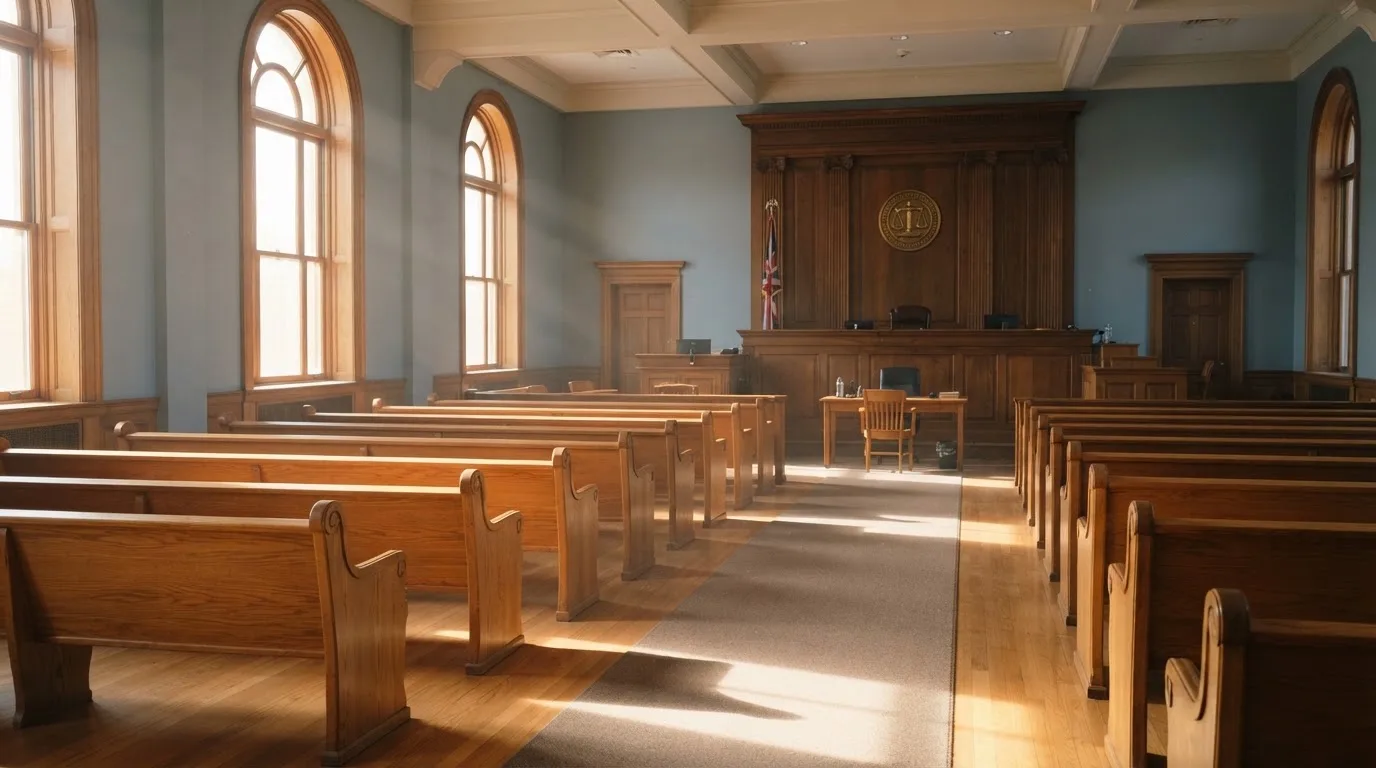 Una sala de tribunal vacía con bancos de madera a la luz de la mañana