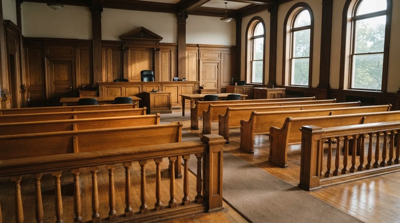 Una sala de tribunal vacía con bancos de madera a la luz de la mañana