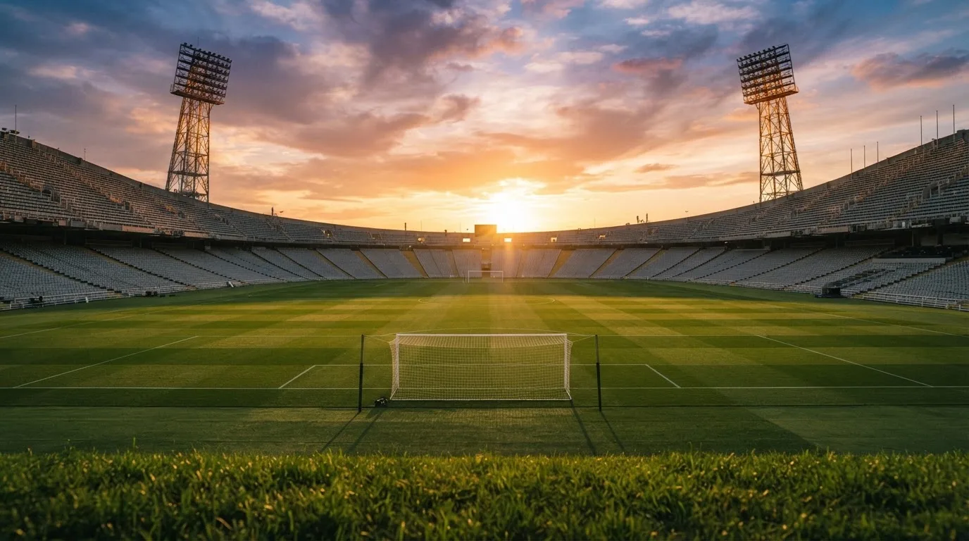 Un estadio de fútbol vacío con torres de iluminación al atardecer
