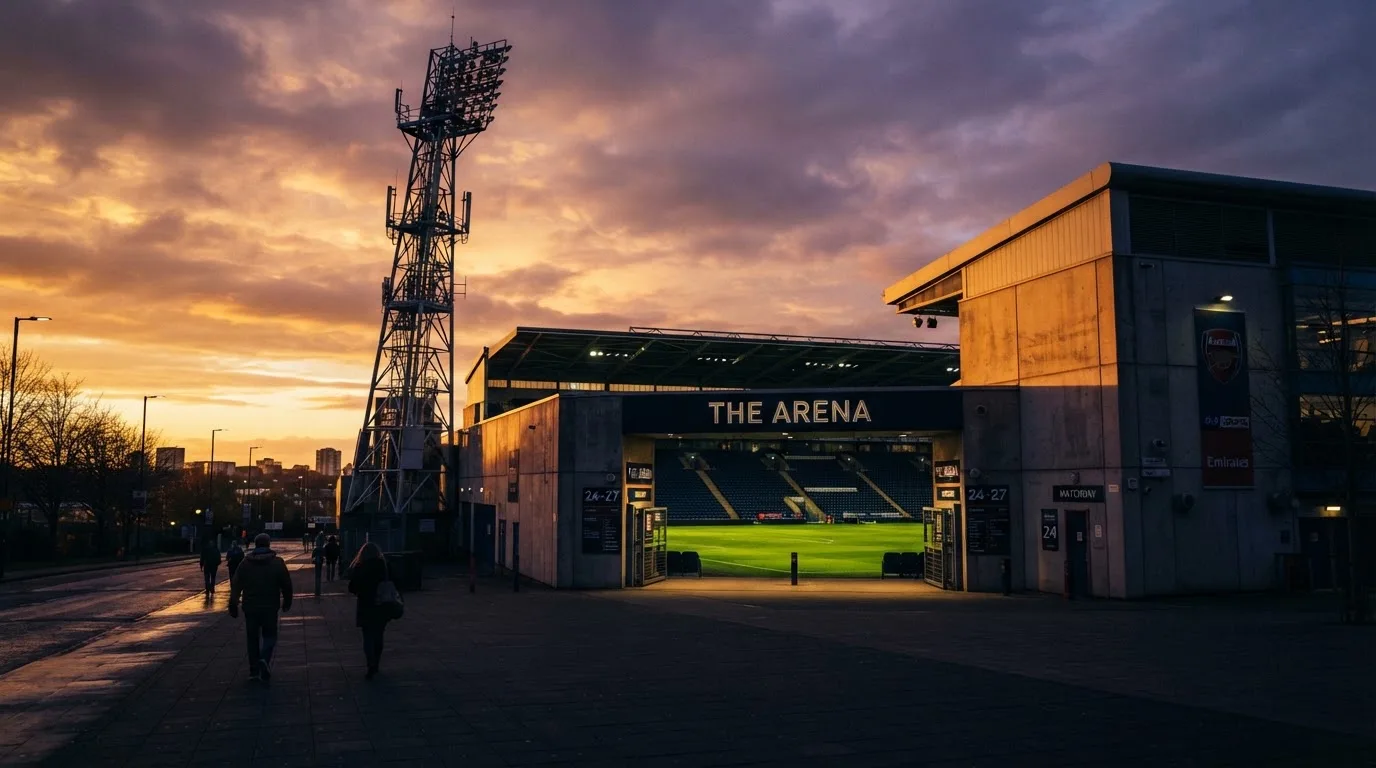 Un estadio de fútbol vacío con torres de iluminación al atardecer