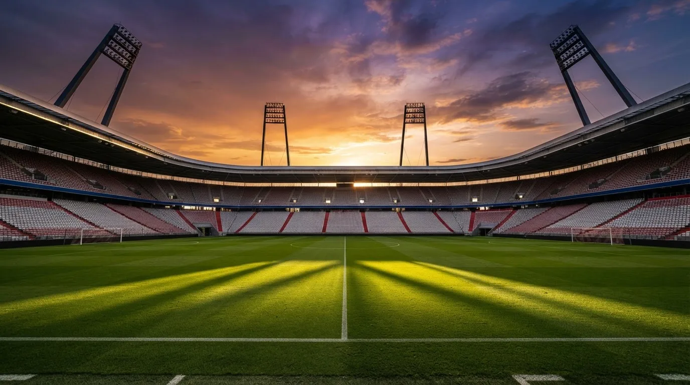 Un estadio de fútbol vacío con torres de iluminación al atardecer