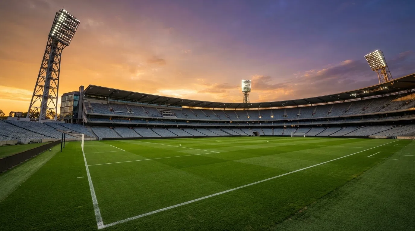 Un estadio de fútbol vacío con torres de iluminación al atardecer